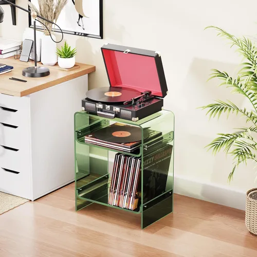 Miniatura 7 de Mesa para tocadiscos de acrílico con estante de almacenamiento, mesa auxiliar transparente para noche (verde, grande)