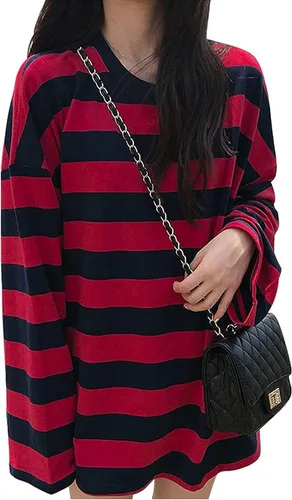 BZB Harajuku - Camisetas de manga larga de gran tamaño para mujer estilo casual con bloques de color preppy vintage tipo túnica