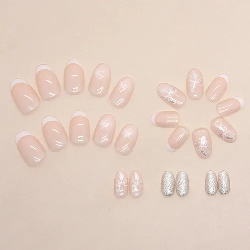 Miniatura 5 de 24 uñas postizas blancas francesas a presión cuadradas cortas – Uñas postizas de Navidad a presión, arco de copo de nieve, puntas de uñas postizas