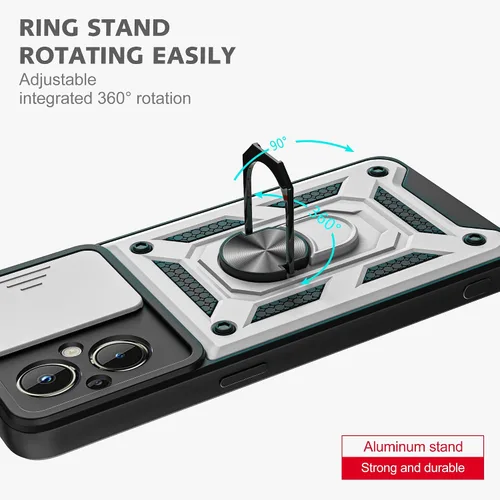 Miniatura 5 de Funda para OnePlus Nord N20 5G con cubierta deslizante para cámara y 2 protectores de pantalla HD, soporte de anillo de rotación de 360°