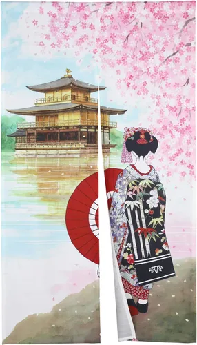Cortina japonesa Noren para puerta de Kyoto Geisha Girls con templo flor de cerezo para puerta de cocina, tapiz para decoración del hogar, 33 x 59