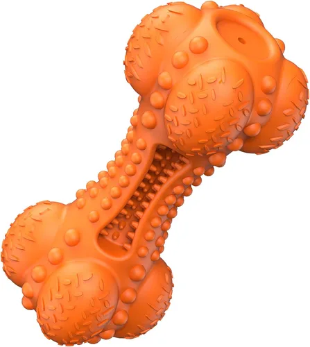 SCHITEC - Juguete masticable para perros con sonido, hueso de goma natural resistente y duradero con cepillo de dientes, indestructible para Naranja