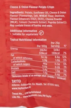 Miniatura 2 de Tayto Patatas fritas con sabor a queso y cebolla de Irlanda (paquetes de 24x25g)