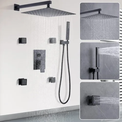 Miniatura 8 de Enga Sistema de ducha de lluvia negro mate con 4 chorros corporales, ducha de lluvia de 12 pulgadas montada en pared, sistema de cabezal de ducha