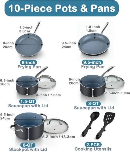 Miniatura 2 de Cook N Home Los juegos de ollas y sartenes clásicas de cerámica antiadherentes incluyen cacerola, sartenes, olla con tapas, utensilios de nailon