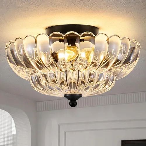 Lámpara de techo semiempotrada de 3 luces, cristal vintage con marco de metal negro, iluminación moderna cerca del techo para dormitorio, cocina,
