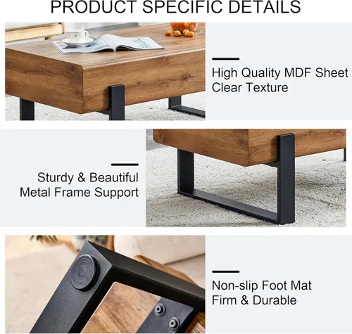 Miniatura 5 de LKTART Mesa de centro rectangular moderna de 47.24 pulgadas, patas de metal negro para sala de estar, comedor, dormitorio, oficina Rectángulo-marrón