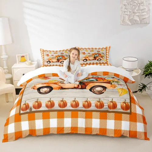 Miniatura 8 de Fall Harvest Kids Duvet Cover Set Twin Size,Cartoon Truck Pumpkin Sunflower Bedding Set,Boys Girls Bedroom Decor,Wooden Plank Maple Comforter