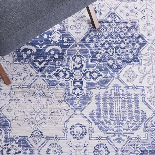 Miniatura 7 de SAFAVIEH Tucson Collection - Alfombra lavable de 2 pies 6 pulgadas x 8 pies, gris y azul marino, antideslizante, ideal para zonas de alto tráfico