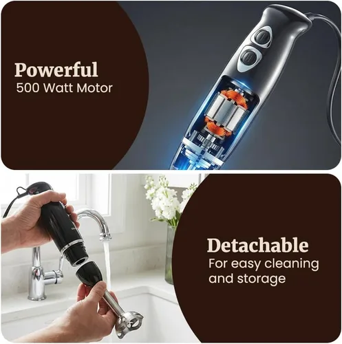 Miniatura 5 de Elite Gourmet EHB1015 - Batidora de mano de inmersión 500 vatios, 2 velocidades de mezclado con cuchillas de acero inoxidable, varilla desmontable