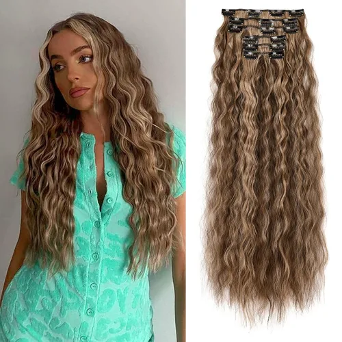 Miniatura 17 de Flufymooz - Extensiones de cabello con clip, 6 unidades, extensiones de cabello largas con ondas de sirena, sintético, postizo para mujer, 24 Marrón