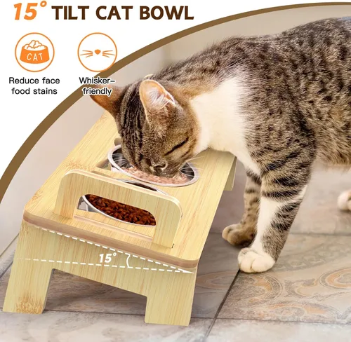 Miniatura 4 de Tazón Elevado de Comida para Gatos, 3 Cuencos Elevados de Acero Inoxidable para Gatos con Soporte, Cuenco Inclinado 15° para Perros Pequeños