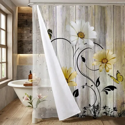 Miniatura 38 de AAtter Cortina de ducha floral azul rústica boho gris blanco amarillo margarita naturaleza negro botánico telón azul verdoso turquesa tela única