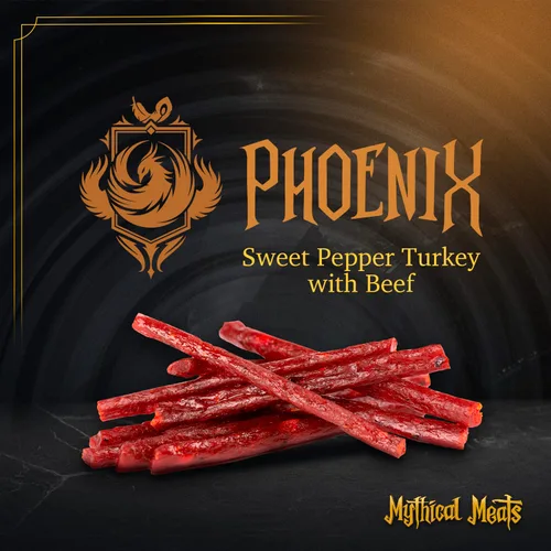 Miniatura 3 de Mythical Meats Sabor original (Phoenix) Paquete de 12 palitos de refrigerio - Pavo de pimiento dulce con carne de res - Carnes secas y deshidratadas
