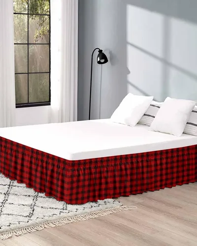 Miniatura 5 de Falda de cama a cuadros rojos y negros, tamaño Cal King, con caída de 18 pulgadas, ajustable y elástica, plisada, con volantes antipolvo de lujo