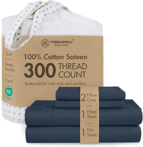 Miniatura 11 de Threadmill Sábanas 100% Algodón para Cama Tamaño King Juego de Sábanas de 4 Piezas para Cama King Suave, Transpirable y Ligero Satén de Damasco