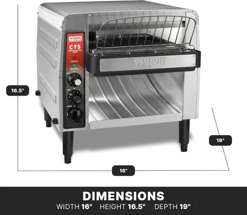 Miniatura 3 de Waring Tostadora comercial CTS1000B con transportador, más de 1000 rebanadas por hora, 208V, 2700W, enchufe de fase 6-20, plateado