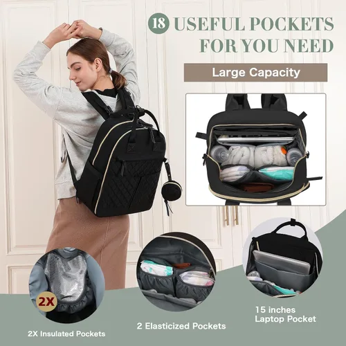 Miniatura 5 de Mochila para pañales con cambiador, bolsas de maternidad grandes para recién nacidos, 18 bolsillos, bolsillos aislados, correas para cochecito, Negro