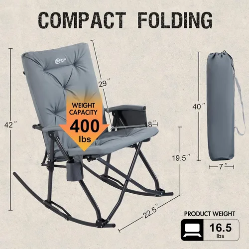 Miniatura 3 de Portal Mecedora plegable para acampar al aire libre – Silla reclinable gruesa acolchada mecedora portátil para camping para patio, porche delantero