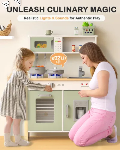 Miniatura 2 de Babytronic Cocina de juego para niños, juego de cocina de madera para niños a partir de 3 años con luces reales, sonidos, estufa, fregadero, horno