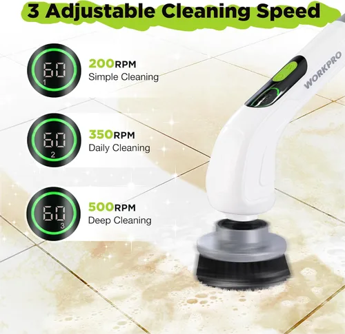 Miniatura 3 de WORKPRO Limpiador eléctrico giratorio, cepillo de limpieza inalámbrico, 3 velocidades, mango largo ajustable y 8 cabezales de cepillo reemplazables