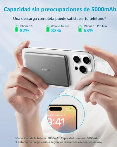 Miniatura 3 de Banco de energía "Air" para MagSafe 5000mAh, Cargador de Batería Portátil Inalámbrico Magnético Ultra Delgado con Cable USB-C, Compatible Solo