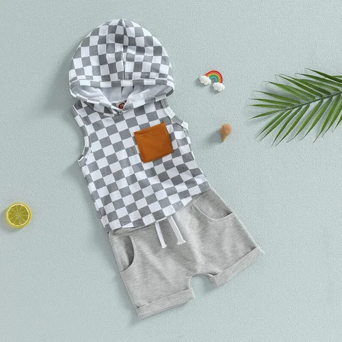 Miniatura 16 de Conjunto de ropa de verano para bebé niño y niño, diseño a cuadros, manga corta, sudadera con capucha y pantalones cortos casuales