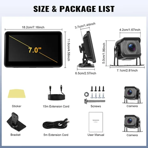 Miniatura 7 de Kit de sistema de cámara de respaldo 1080P, monitor de marcha atrás de 7 pulgadas con función de grabación de visión nocturna DVR Monitor 2 cámaras