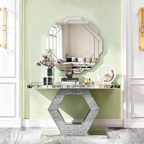 Miniatura 19 de Mesa Consola Negra con Espejo, Mesa de Sofá de Cristal Rectangular de 48 pulgadas con Elementos Tallados Vintage con Espejo, Muebles de Espejo