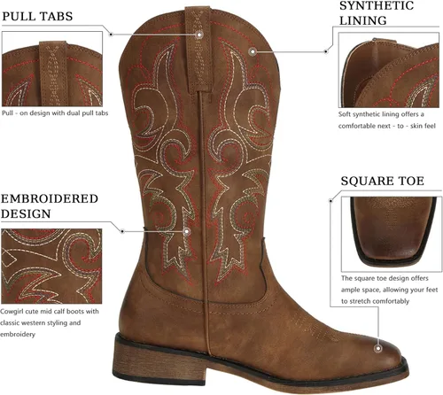 Miniatura 2 de J's.o.l.e Botas vaqueras de punta cuadrada para mujer, de media pantorrilla, con tacón grueso, bordado retro, botas occidentales