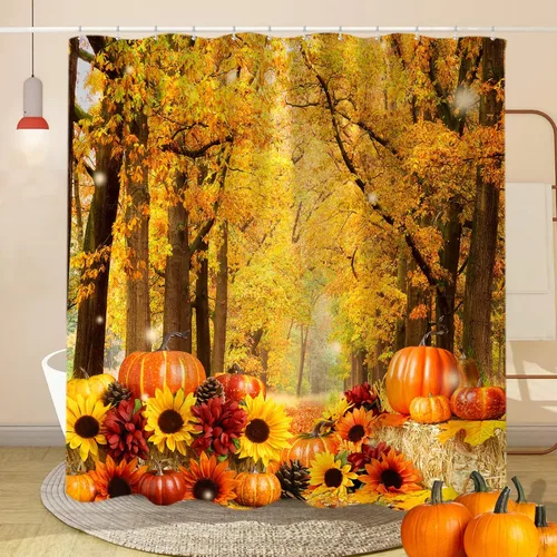 Miniatura 8 de Sanzugh Cortina de ducha de calabaza otoñal, lindas cortinas de ducha de tela floral naranja con ganchos de 72 x 72 pulgadas, decoración de baño