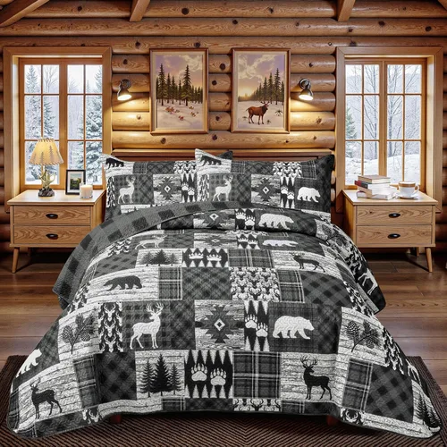Miniatura 22 de Juego de 3 piezas de colcha tamaño King para cabaña, reversible, navideño, rústico, de microfibra, suave, ligera, de granja, con 2 fundas de 2-Oso