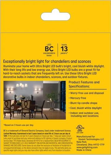 Miniatura 3 de GE Bombillas LED ultra brillantes, 100 W, luces de vela de luz diurna, bombillas B12 decorativas transparentes (paquete de 3)