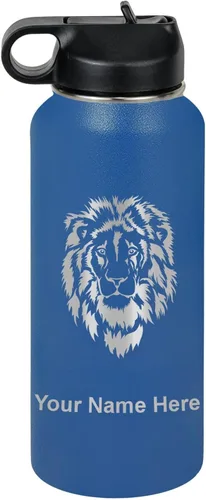 Miniatura 51 de LaserGram Botella de agua personalizada, cabeza de león, acero inoxidable de doble pared aislada al vacío con popote superior, regalo grabado