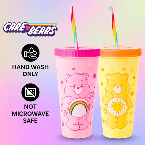 Miniatura 5 de Silver Buffalo Care Bears Corazones y Estrellas Juego de 4 Vasos de Plástico Cambian de Color con Popotes de Espiral Arcoíris con Tenderheart