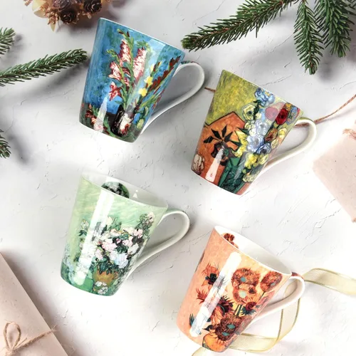 Miniatura 2 de Juego de 4 tazas de café, tazas de porcelana de porcelana de hueso de 12 onzas con impresión artística, mango grande, apto para lavavajillas