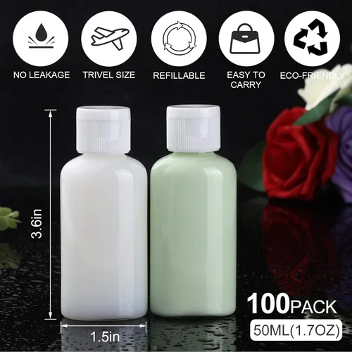 Miniatura 2 de Paquete de 100 botellas vacías de 1.7 onzas, botellas de viaje recargables de 1.7 fl oz con tapa abatible para desinfectante de manos, champú
