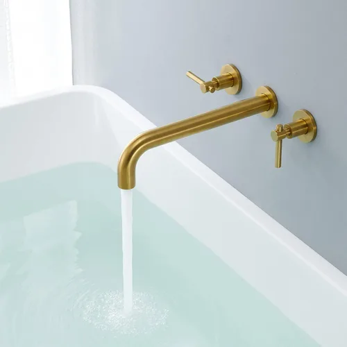 Miniatura 3 de Wowkk Llenador de bañera de montaje en pared, grifo de bañera de oro cepillado, grifos de baño de latón con 2 asas