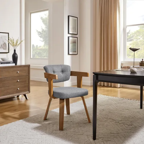 Miniatura 6 de Art Leon Silla de oficina sin ruedas, moderna de mediados de siglo, silla de escritorio tapizada de tela sin ruedas, silla con brazo decorativo