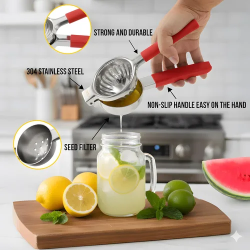 Miniatura 3 de Exprimidor de limón de mano de acero inoxidable – Exprimidor de cítricos de gran capacidad resistente con mango antideslizante – Resistente al Negro