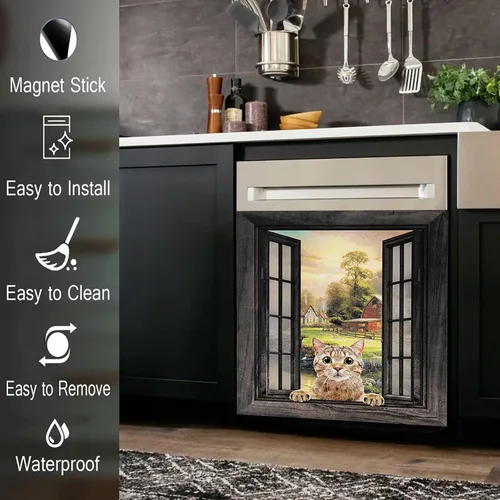 Miniatura 5 de Divertida funda magnética para lavavajillas para mascotas, cubierta magnética para puerta de lavavajillas con lindo gato, cubierta para panel