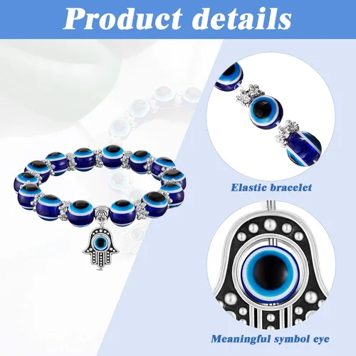 Miniatura 2 de Yaomiao 6 Piezas Pulsera de Ojo Malvado Hamsa Pulsera de Encanto con Cuentas Elástica Pulsera de Mano de Fátima Amuleto Turco de Ojo Malvado