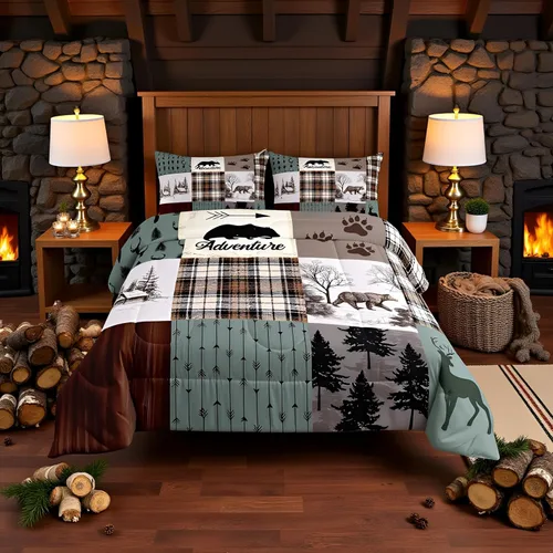 Miniatura 110 de Juego de edredón de cuernos de ciervo tamaño individual, juego de ropa de cama rústica de granja con huellas de oso y pinos para decoración