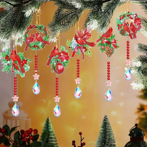 Miniatura 2 de Juego de 6 piezas de arte de diamantes de Navidad de doble cara, cardenal de diamante, campanillas de viento, arte para ventana, decoración de árbol