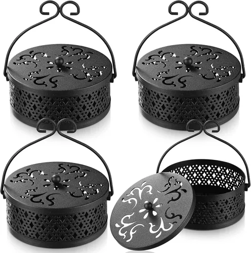 Miniatura 9 de Lallisa Juego de soportes de bobina de incienso, quemador de incienso redondo de metal colgante con asa y tapa, contenedor portátil para patio