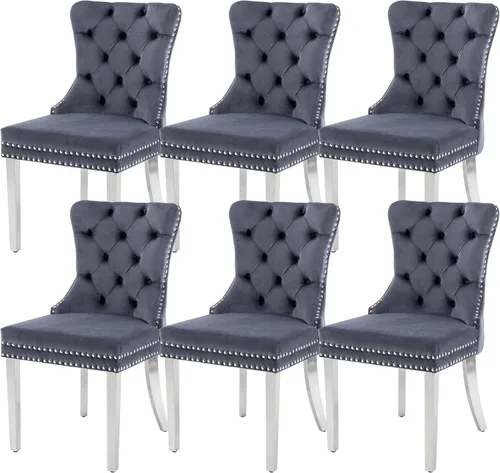 Miniatura 31 de KCC Nikki Collection - Juego de 4 sillas de comedor de terciopelo tapizadas de alta gama con anillo trasero de clavo, patas de madera maciza