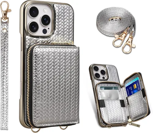 Miniatura 30 de Funda tipo cartera para iPhone 15 de 6.1 pulgadas, bolso cruzado con cremallera y correa para la muñeca con cordón para mujer, tarjetero con bloqueo