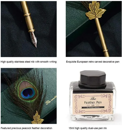Miniatura 6 de Juego de bolígrafos de plumas de pavo real, caligrafía antigua, bolígrafo de inmersión de tinta con soporte, tinta y 5 puntas de repuesto en caja