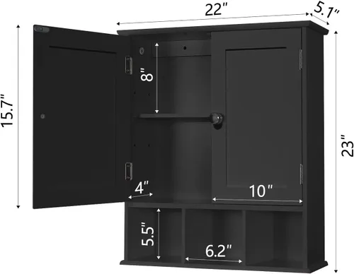 Miniatura 2 de TaoHFE Gabinete de almacenamiento negro para baño sobre el inodoro, organizador de gabinete de medicina de pared con 2 puertas y estantes