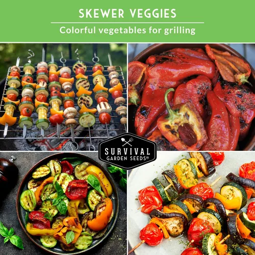 Miniatura 5 de Survival Garden Seeds Kabob Skewer Vegetables Collection - Tomate cereza rojo grande, calabacín negro de belleza, calabaza de verano de cuello recto